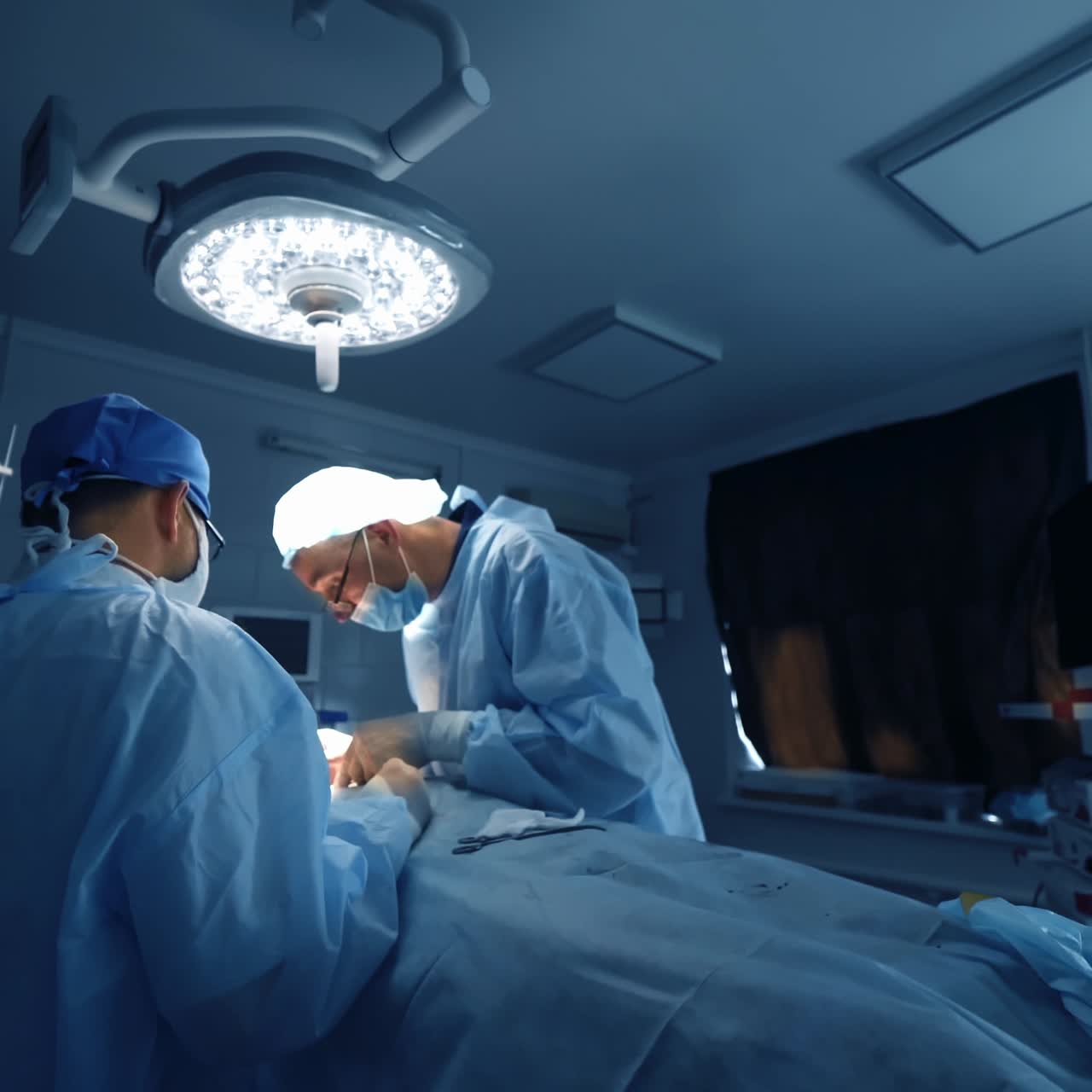 Process of surgery in the sterile operating room. Doctors in blue medical uniform performing an operation to a patient in the modern hospital.