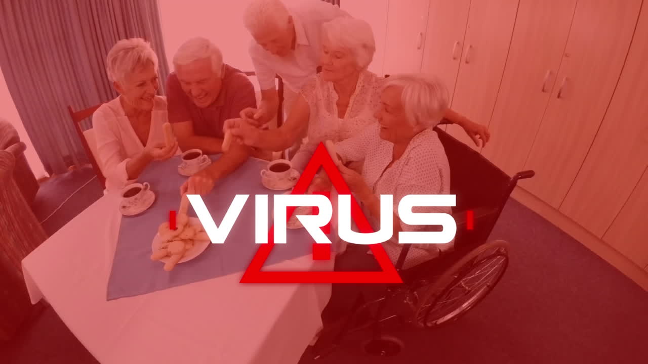 animación de la palabra del virus en letras blancas sobre las personas caucásicas mayores