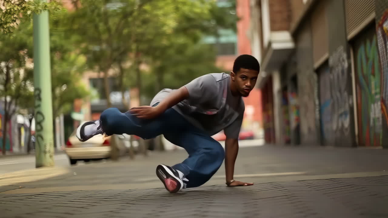 Dynamic Breakdance Performance by a Young Man on an Urban Street