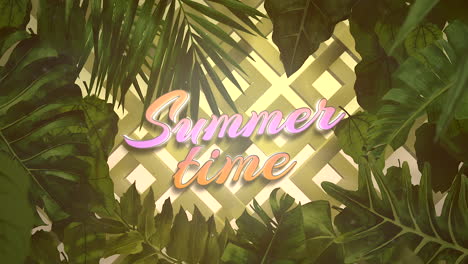 summer time with green tropical leaf on gold geometric texture