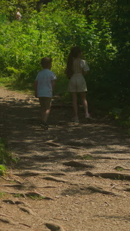 el hermano pequeño y la hermana se paran en un camino sombreado en el bosque. los niños se comunican descansando durante la caminata. los hermanos se relajan caminando en un entorno natural