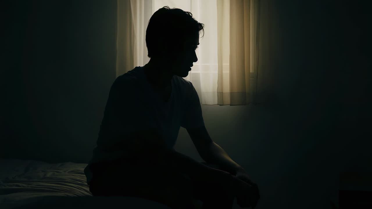 Uomo appoggiato che sposta le mani sul ginocchio, seduto sul letto in camera da letto, mentre guarda la luce del giorno attraverso la tenda, con indosso una maglietta a maniche corte