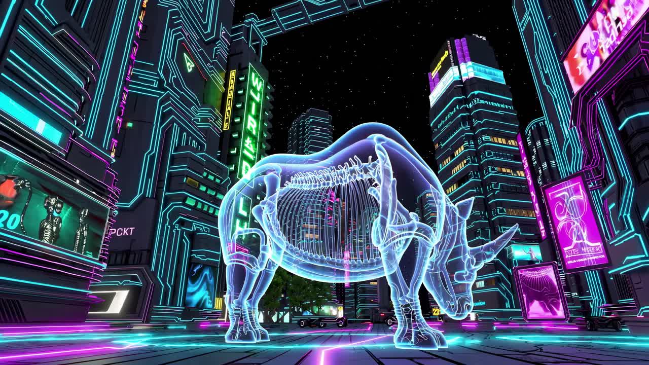 Cyberpunk Rhino Skeleton in a Futuristic City at Night