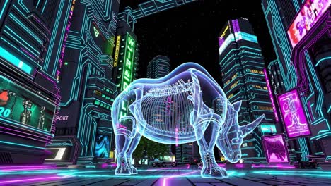 cyberpunk rhino skeleton in a futuristic city at night