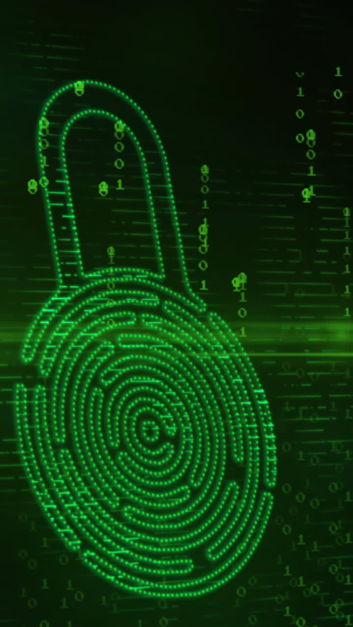 animación del candado de seguridad de huellas dactilares biométricas en línea, codificación binaria y procesamiento de datos