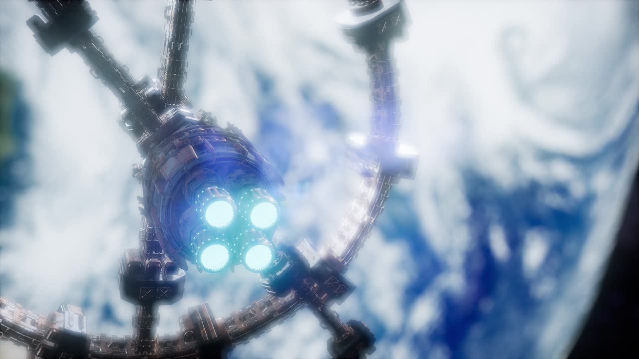 지구와 우주선의 모습. iss는 지구를 공전하고 있습니다.