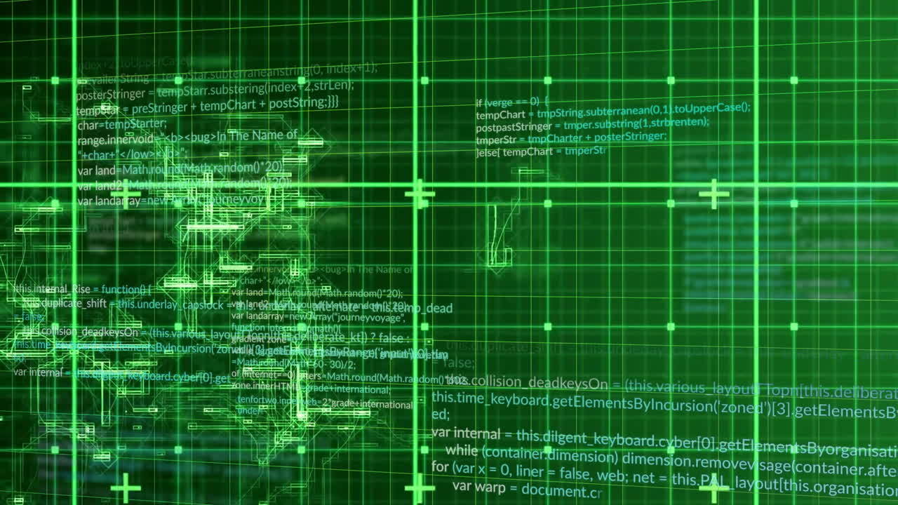 animación del procesamiento de datos sobre cuadrícula y fondo oscuro