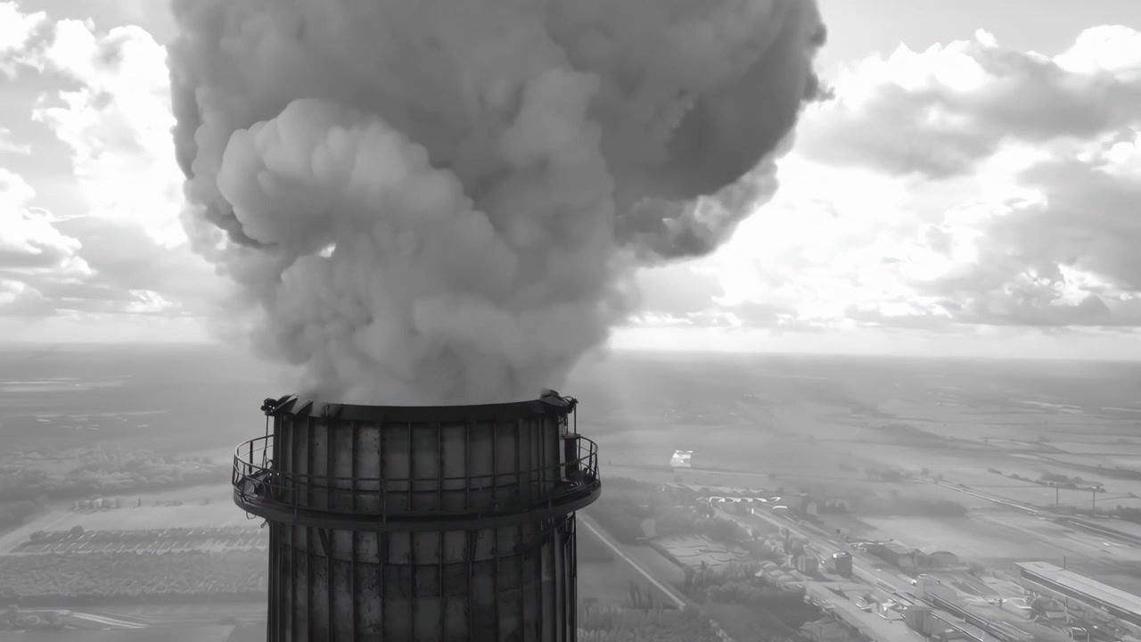 Vista aerea di una ciminiera industriale che emette fumo denso