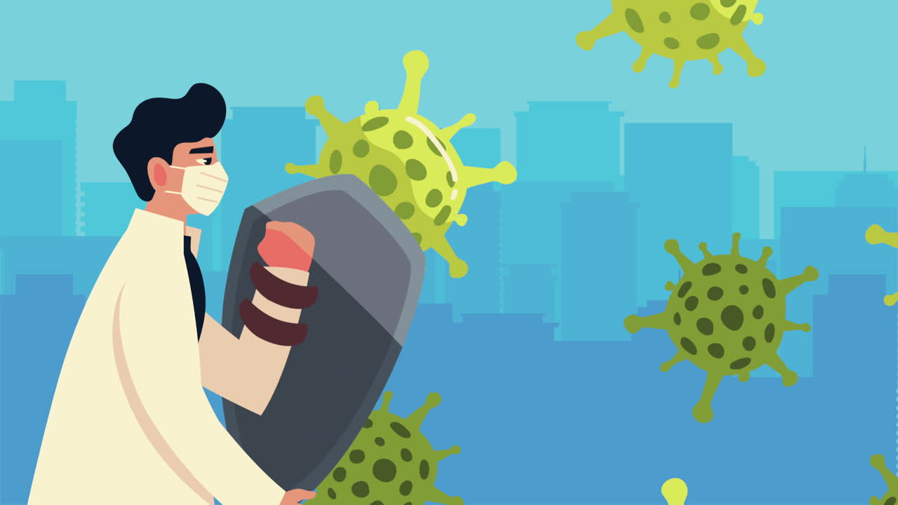 médico masculino con máscara médica con carácter de escudo