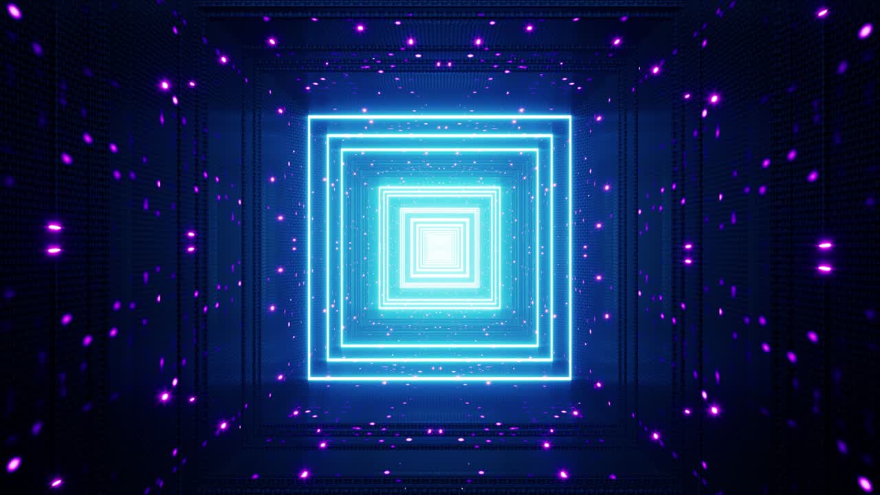 Glittering Neon Particles in the Blue Square Tunnel