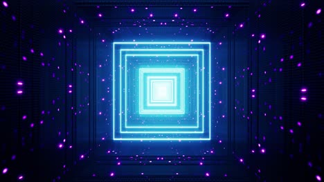partículas de neón brillantes en el túnel cuadrado azul
