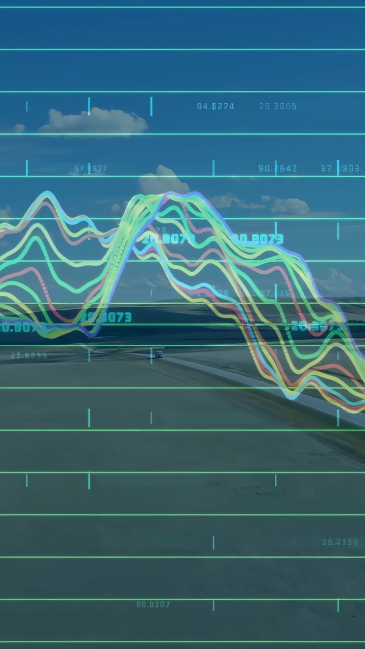 Vertical video: Data waves appearing, shifting peaks, updating ticks above coast runway guardrail