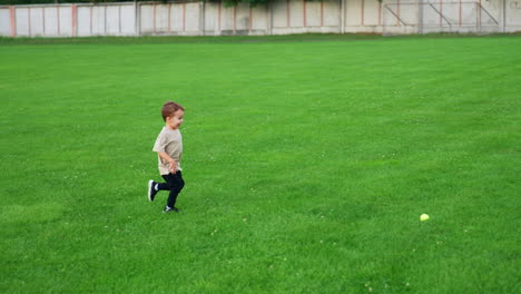 kid picks a ball from the grass and throws it energetically. grandpa plays with his little grandson outdoors.