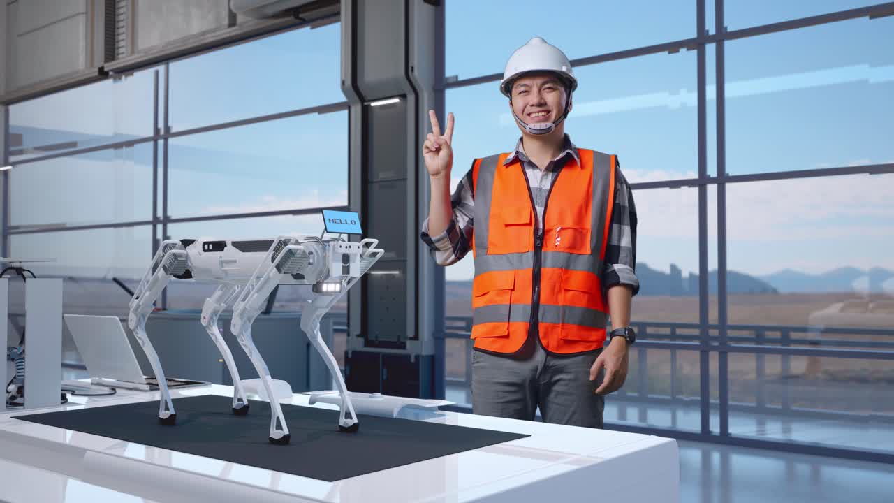 Full Body Of Asian Male Engineer With Safety Helmet Standing in High Tech Factory, Analyzing Robotic Machine Concept. Smiling And Showing Peace Gesture
