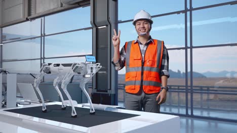 cuerpo lleno de ingeniero masculino asiático con casco de seguridad de pie en una fábrica de alta tecnología, analizando el concepto de máquina robótica. sonriendo y mostrando el gesto de paz