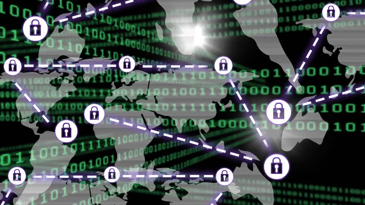 animación de la red de conexiones con iconos sobre codificación binaria y mapa del mundo