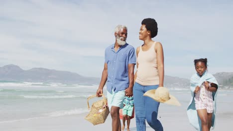 Glückliches-Afroamerikanisches-Paar,-Das-Mit-Kindern-Am-Sonnigen-Strand-Spaziert