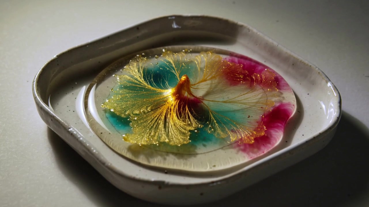 Formando un montículo dorado que provoca que hilos se extiendan por una piscina de gel en una bandeja, con cian y magenta difundiéndose.
