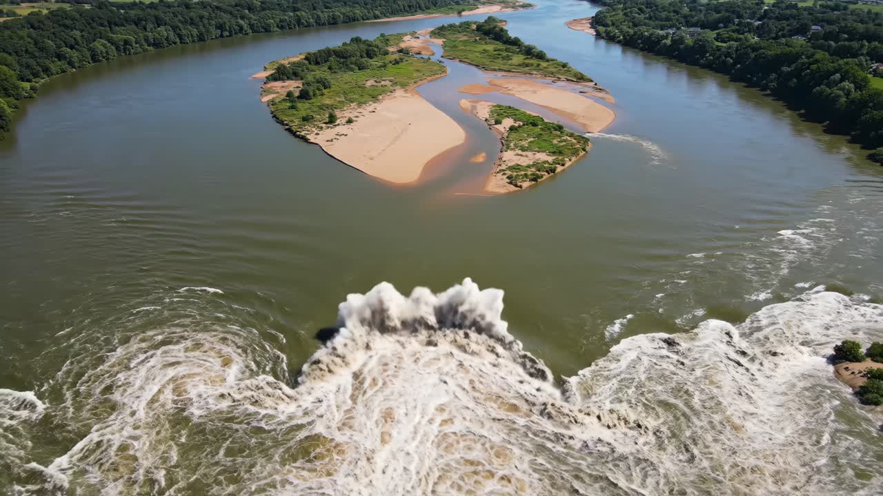 Aerial View of a River with Waterfall and Island