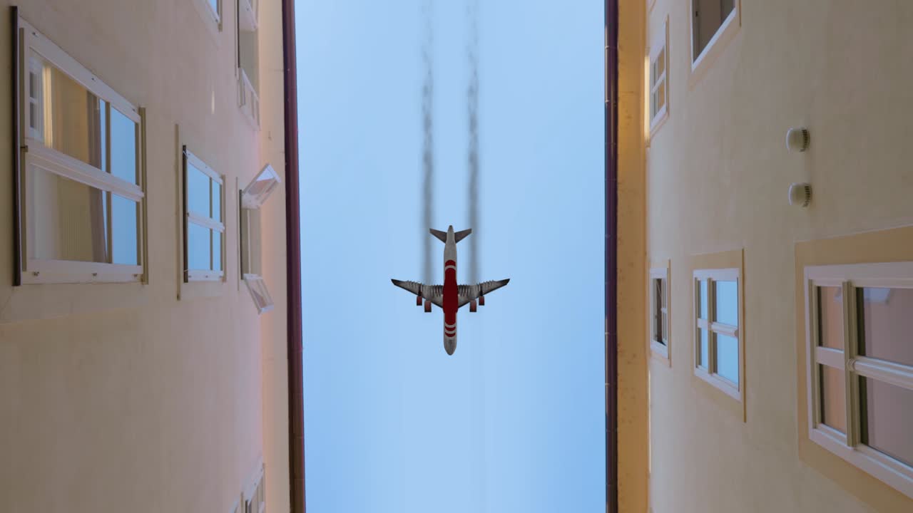 avión vuela entre edificios contra el cielo azul en la ciudad