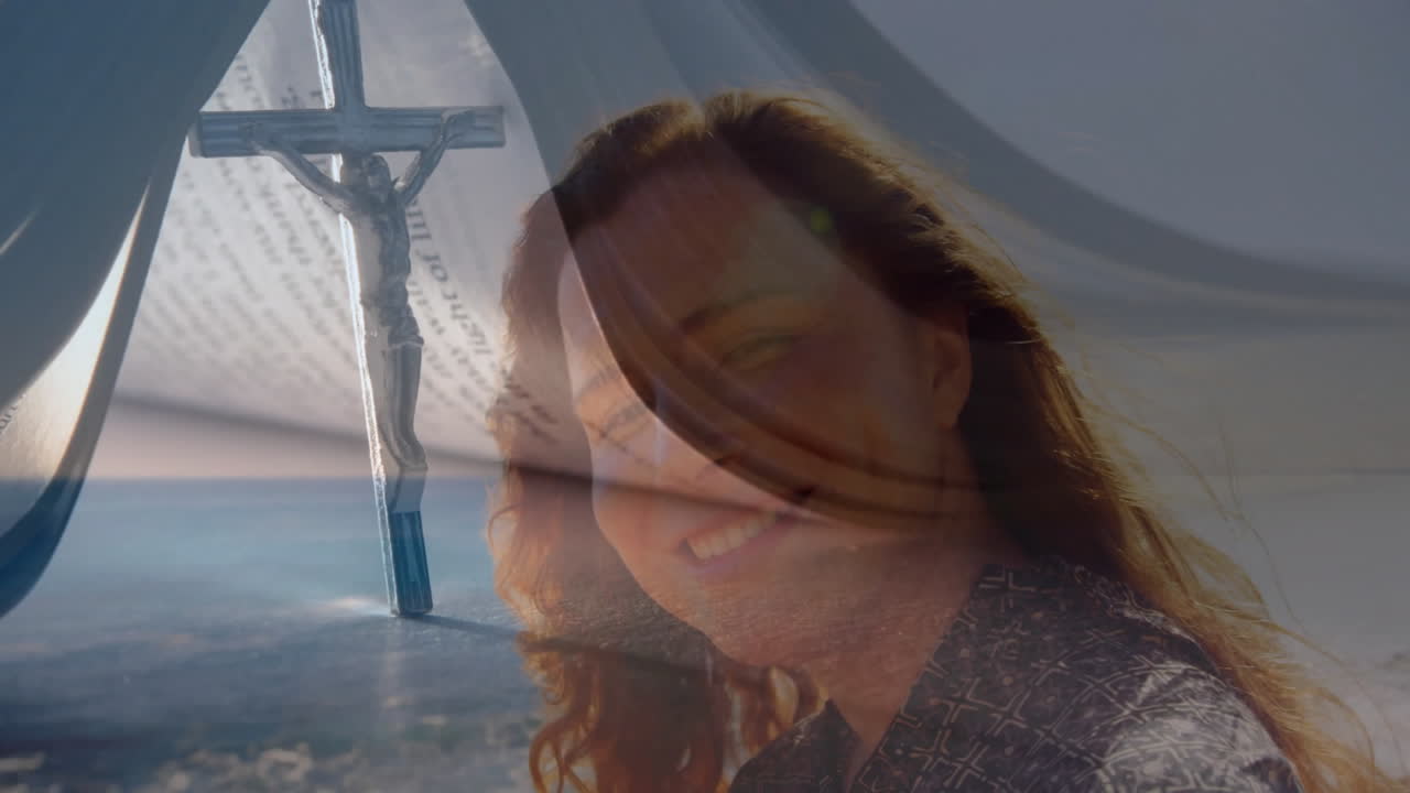 Creating reflective animation, person overlaid with crucifix and text, smiling