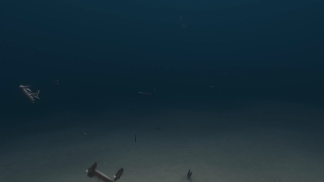 3D animation showing debris from a shipwreck sinking to the ocean floor
