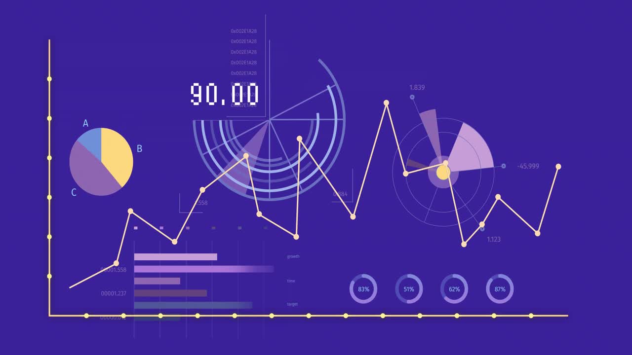 Animation of statistics and data processing over blue background