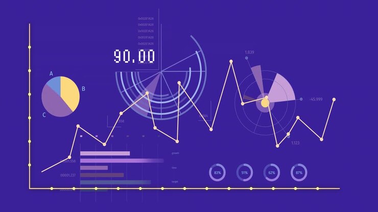 Animation of statistics and data processing over blue background