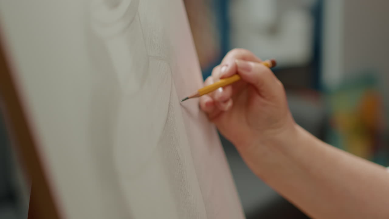 Female artist holding pencil to draw vase outline sketch on canvas