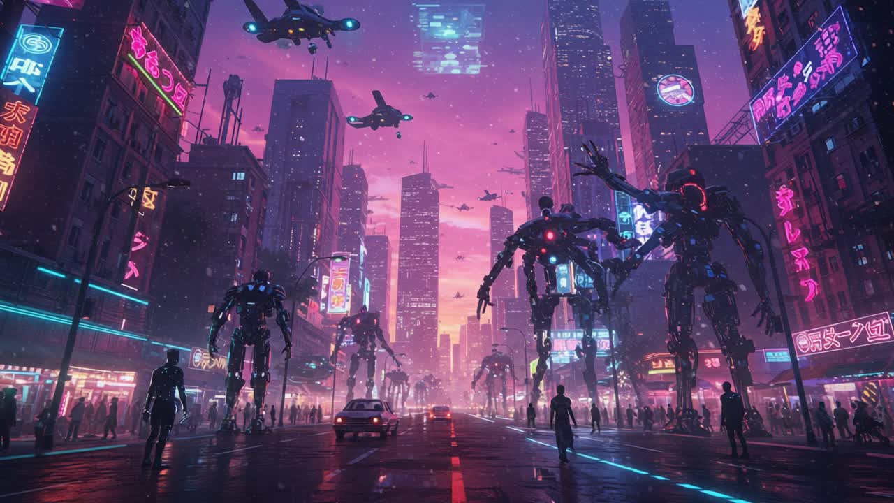 Un futuro distopico si dispiega in un vivace paesaggio urbano pieno di robot imponenti, luci al neon e veicoli fluttuanti, creando un'atmosfera surreale di tecnologia e vita urbana.