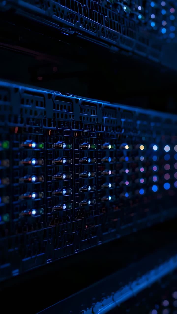 Telecamera che si muove lungo lo chassis di un data center, vani unità e LED lampeggianti che indicano attività di archiviazione.