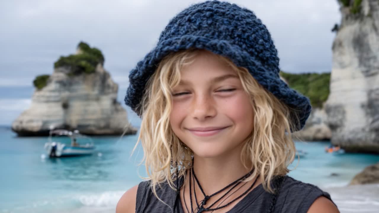 Una bambina con un cappello di lana blu sorride in spiaggia, circondata da un paesaggio costiero mozzafiato e barche sullo sfondo.