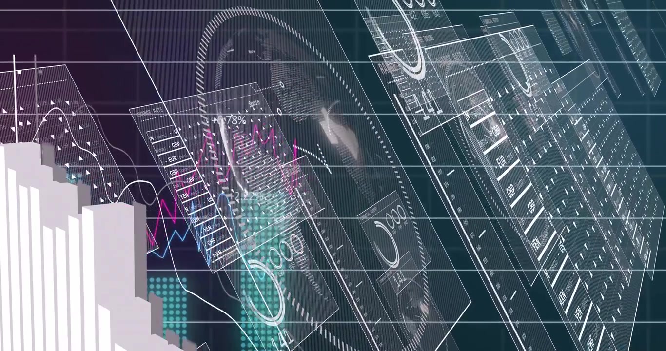 Holographic dashboard floating over dark grid displaying translucent panels with financial metrics