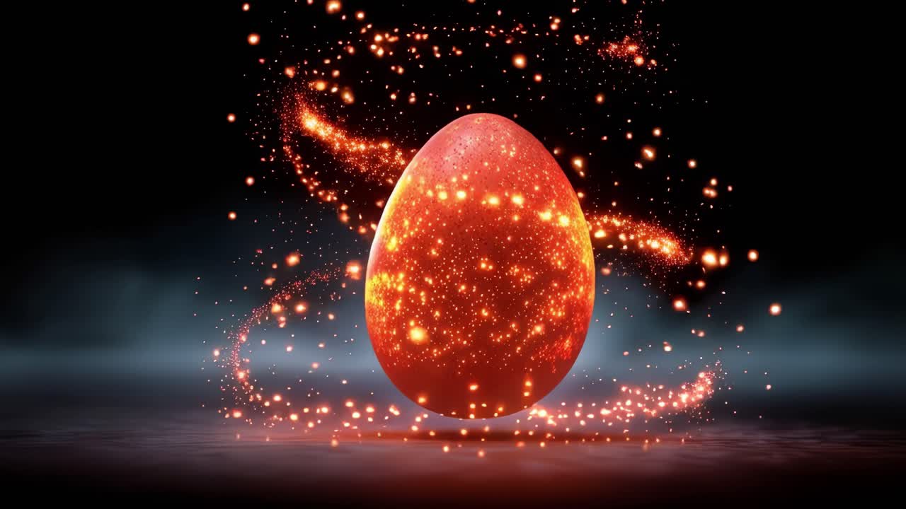 Un uovo luminoso pulsa con particelle infuocate. Il fumo vortica sotto mentre le scintille volano intorno. La luce esplode verso l'esterno dal suo nucleo. Nessuna creatura è presente. Perfetto per temi fantasy, di rinascita o mistici.