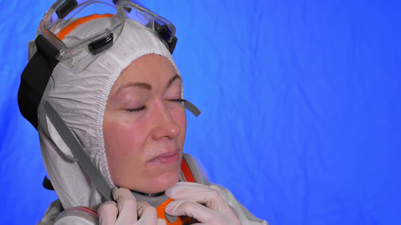 científico virólogo en respirador. mujer mira de cerca, usando una máscara médica de protección. concepto de seguridad de la salud n1h1 epidemia de coronavirus 2019 ncov.