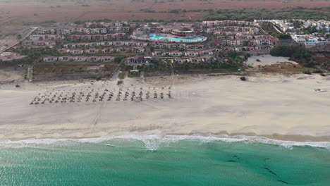 nice praia de chaves ( chaves beach) popular tourist destination.drone view of chaves beach and famous resort background.boa vista island situated in the atlantic ocean.cape verde, africa