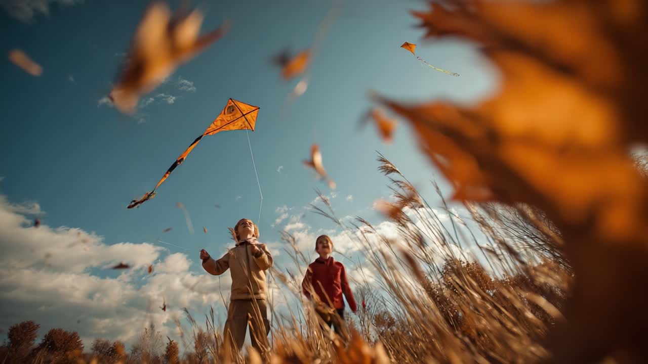 Two Children Joyfully Flying Kites Among Autumn Leaves Under a Clear Sky, Capturing the Essence of Outdoor Fun and Freedom in Nature's Playground