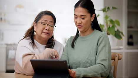 tablet, technology and woman teaching mother