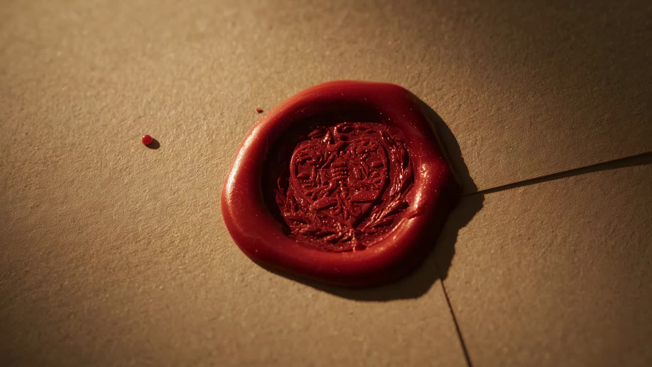 Timbro con manico scuro che preme su cera rossa calda su carta beige, lasciando cadere qualche goccia di cera