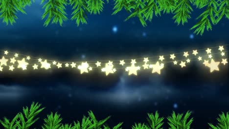 Animation-of-christmas-fairy-lights-with-fir-tree-branch-on-blue-background