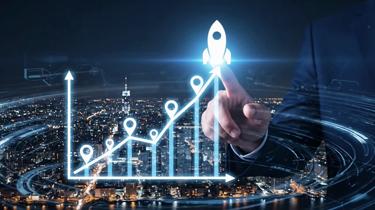 Businessman Launching a Startup with a Growth Chart Over a City