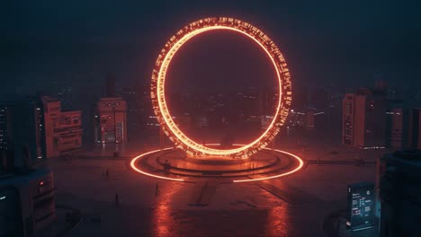 a glowing portal surrounded by futuristic architecture in a nighttime urban landscape, capturing an atmosphere of mystery and technology