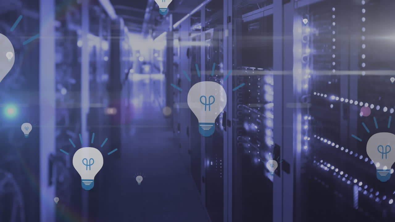 Animation of multiple electric bulb icons floating against computer server room