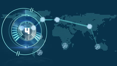animación del alcance con cuenta atrás, mapa del mundo, conexiones y procesamiento de datos