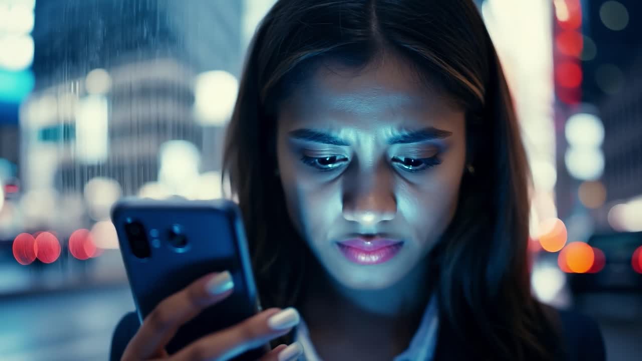mujer mirando su teléfono por la noche en la ciudad