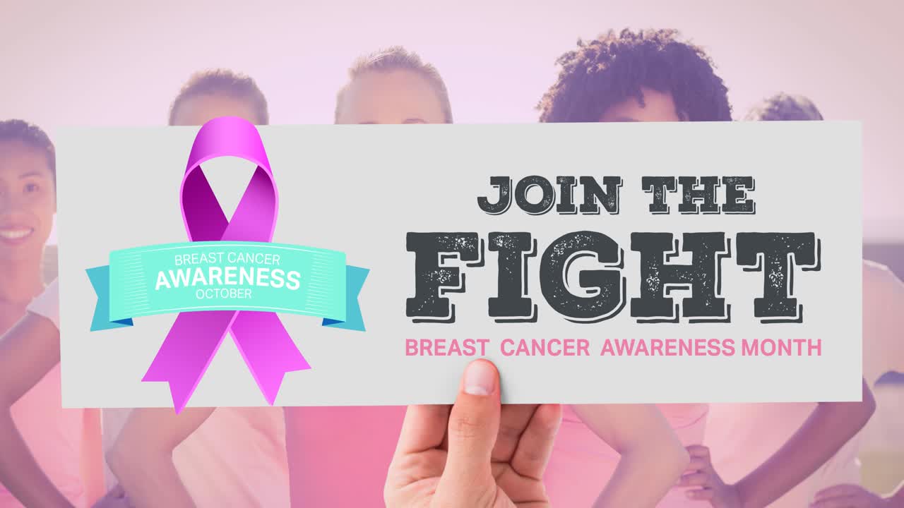 분홍색 리본 로고와 유방암 텍스트의 애니메이션이 다양한 여성 그룹 위에 있습니다.