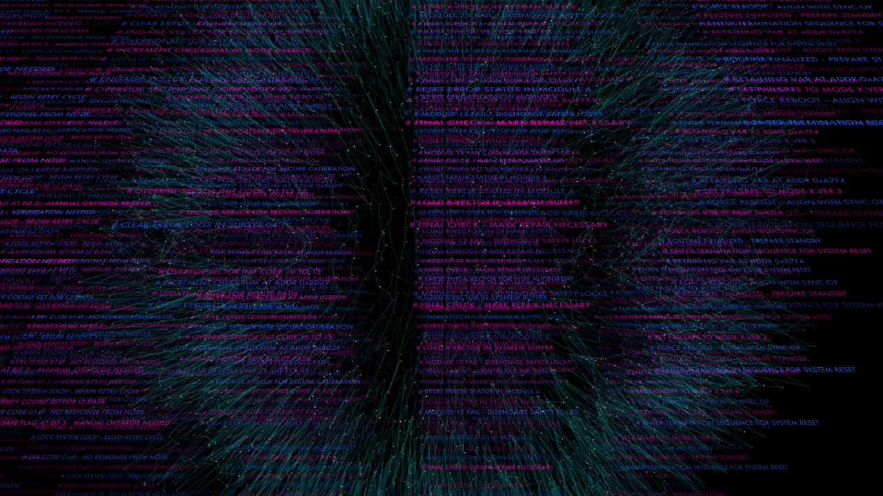 Abstract digital explosion of data with glitchy text and lines spreading outward