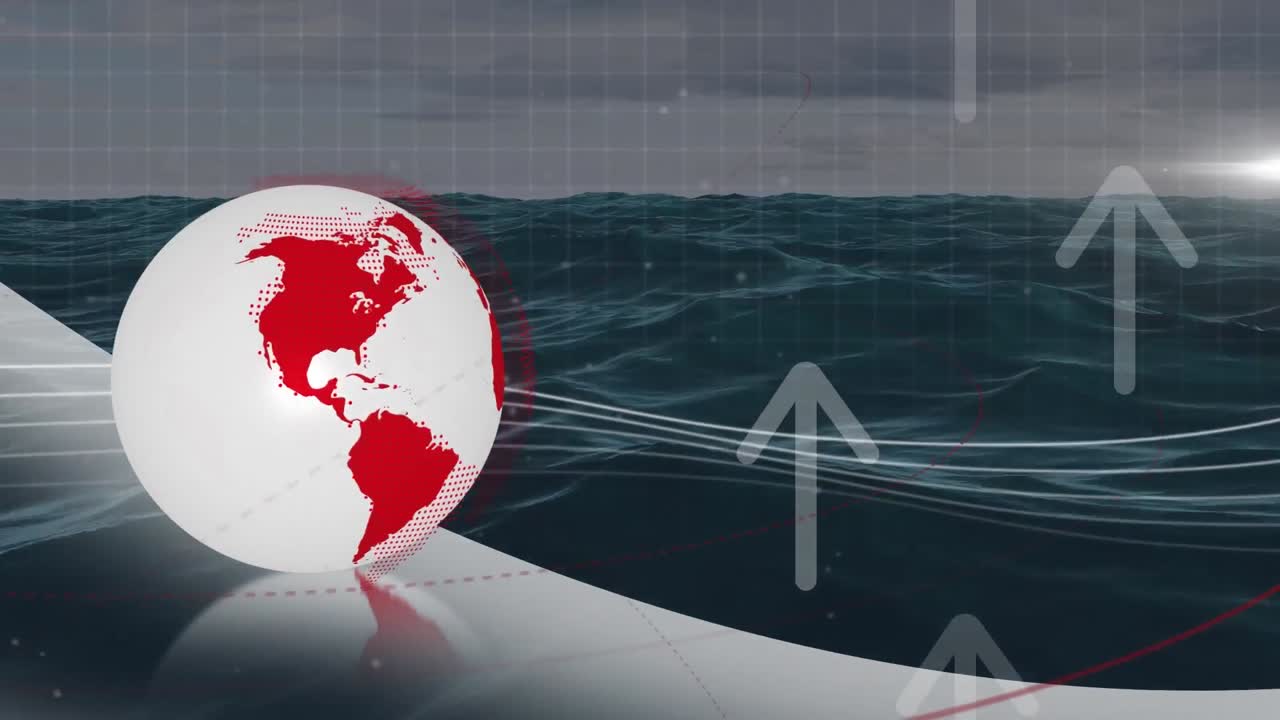 해양 풍경 위에서 화살표로 회전하는 지구의 애니메이션