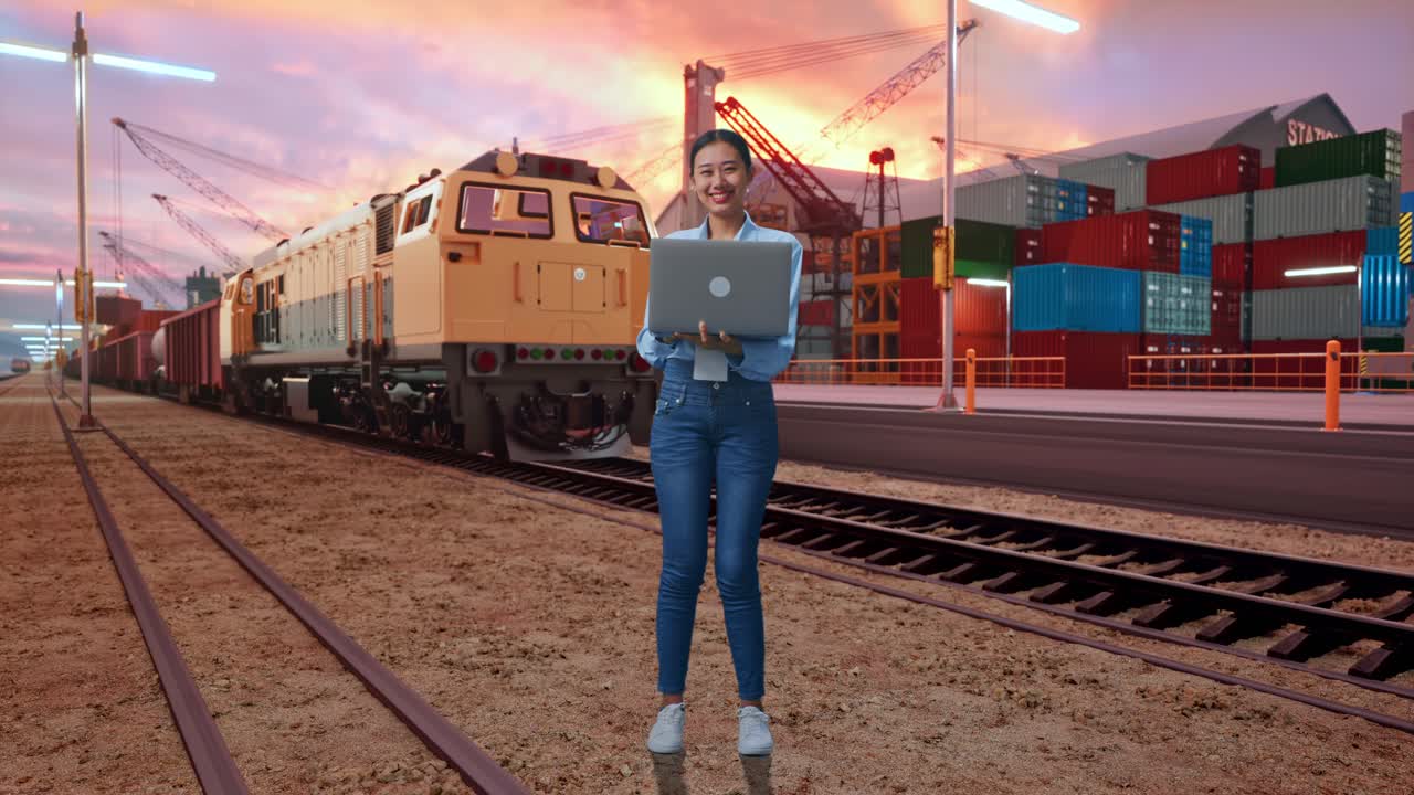 Full Body Of Asian Female With Her Laptop With Freight Cargo Train At Port, She Is Looking At The Camera With A Smile