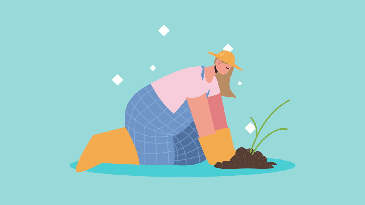 금발 여성 농부 노동자 캐릭터 애니메이션